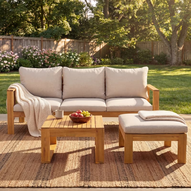 Christopher Knight Home - Ethan Outdoor 3-Piece Acacia Wood Sectional Sofa Set with Cushions - Teak Finish+Light Grey Cushion
