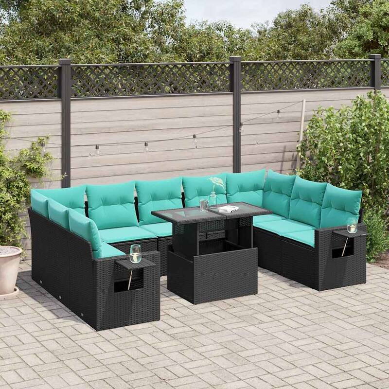 vidaXL 10 Piece Patio Sofa Set with Cushions Black/Gray Poly Rattan