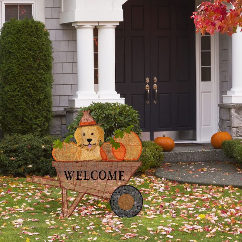 Glitzhome 3ft Lighted Fall Pumpkin Wheel Barrow with Labrador Outdoor Decor - 38.25"L x 0.5"W x 36.25"H