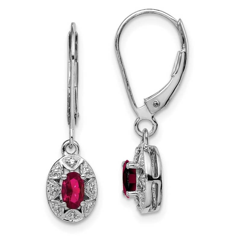 Curata 925 Sterling Silver Dangle Polished Leverback Diamond and Created Ruby Earrings - 26x7mm Wide