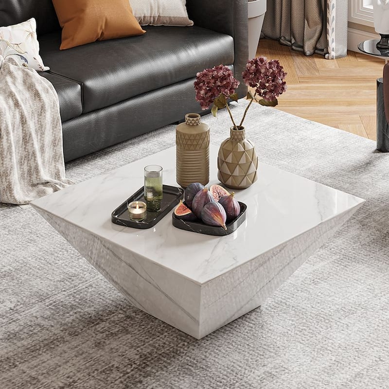 Modern Square Coffee Table, Trapezoid White Sintered Stone Coffee Table, Fully-assembled