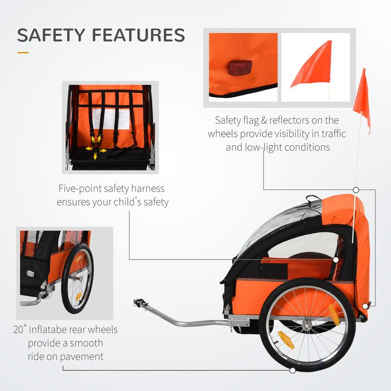 Aosom 2-Seat Kids Child Bicycle Trailer with a Strong Steel Frame, 5-Point Safety Harnesses, & Comfortable Seat