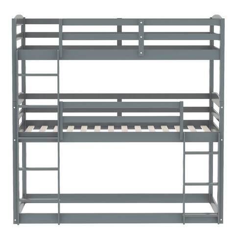 Gray Twin over Twin over Twin Wood Triple Bunk Bed with 2 Ladders, 79.3''L*42.2''W*77.2''H, 138LBS