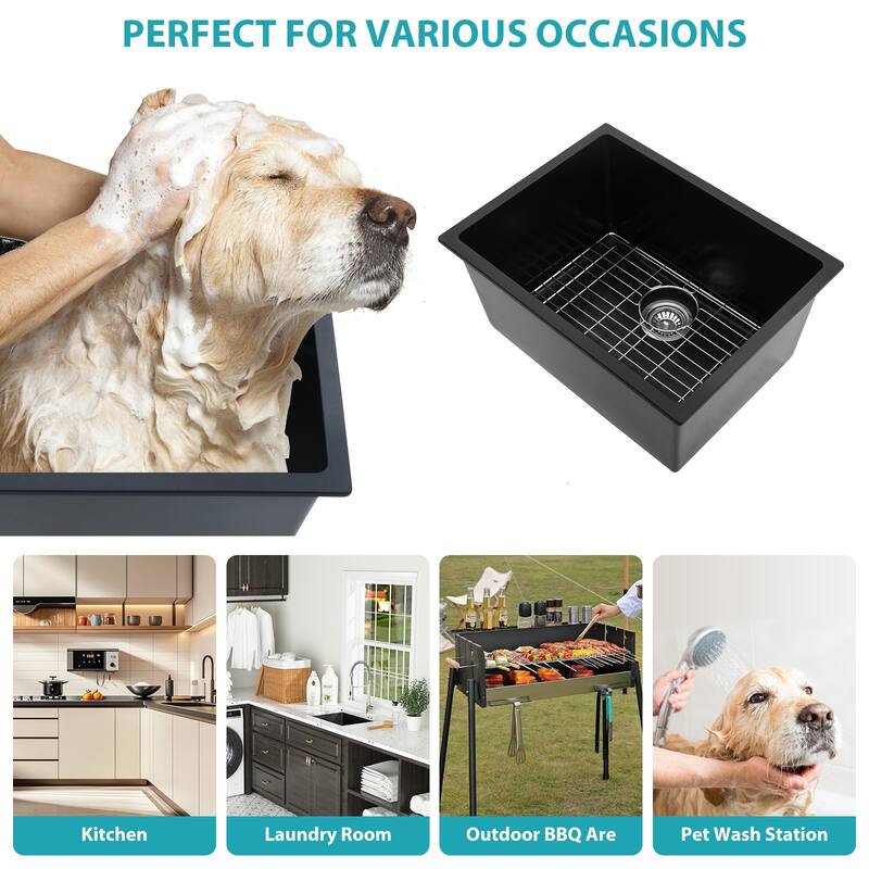 24" Undermount Single Bowl Quartz Kitchen Sink in Black - 24'' x 18'' x 12''