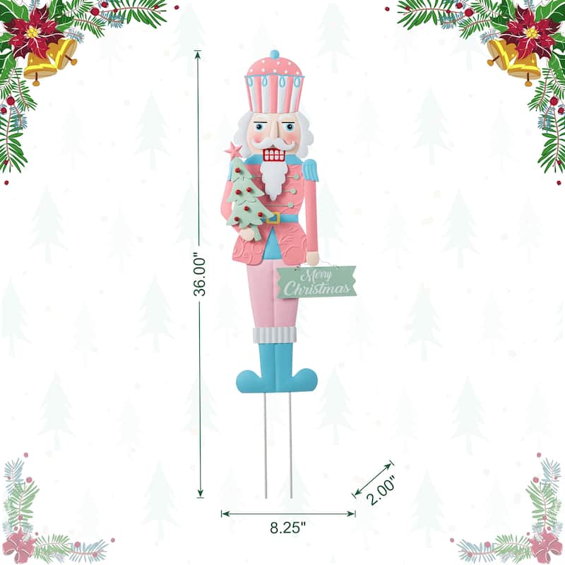 Glitzhome 36"H Metal Christmas Nutcracker Yard Stake Standing Hanging Decor