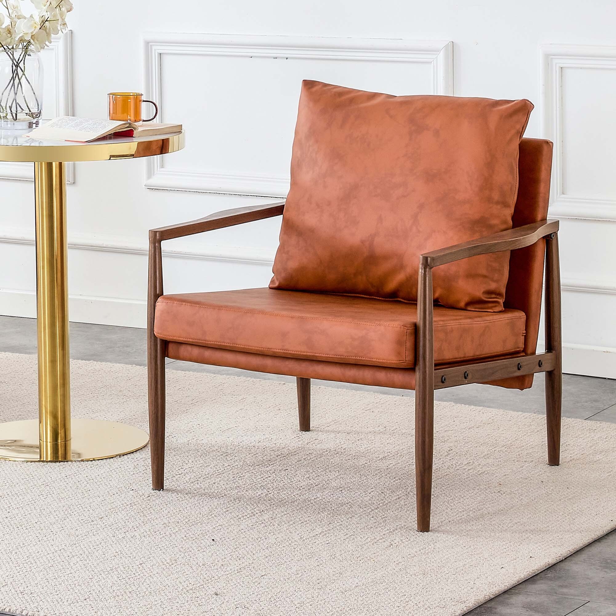 Lummus cognac wood shop frame upholstered accent chair