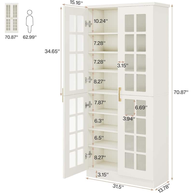 8 Tier Tall Modern Bookcase with Acrylic Doors, Adjustable Shelves