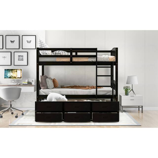 Contemporary Casual Style Twin over Twin Wood Bunk Bed with Trundle and Drawers, with High-quality Solid Wood for Bedroom