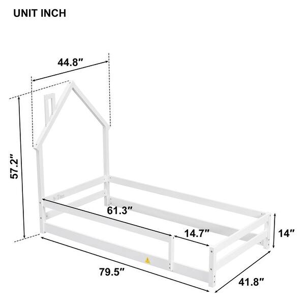 dimension image slide 1 of 5, Twin Size Wood Bed Frame with House-shaped Headboard Floor bed with Fences