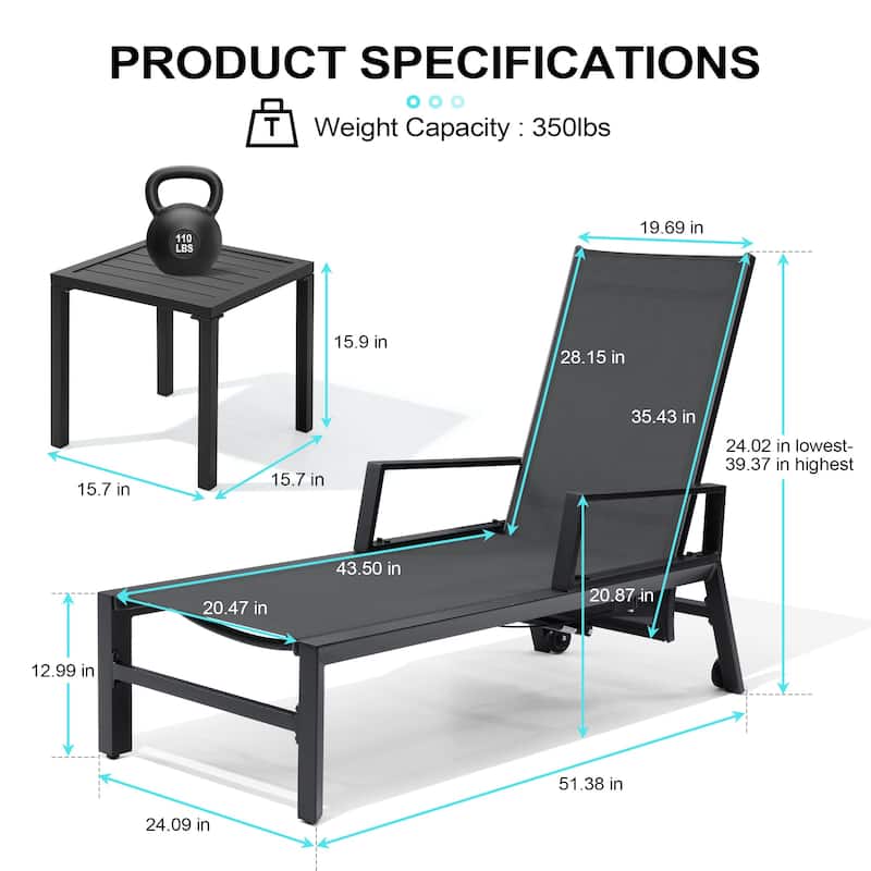 Outdoor Aluminum Patio Lounge Chair Set Side Table and Chaise Lounges with Wheels