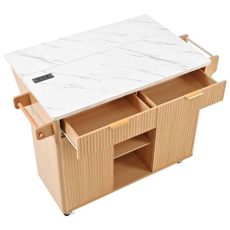 Fluted Kitchen Island with Drop Leaf, Power Outlet, Adjustable Shelves, 2 Doors and 2 Drawers, Rolling Kitchen Storage Cart