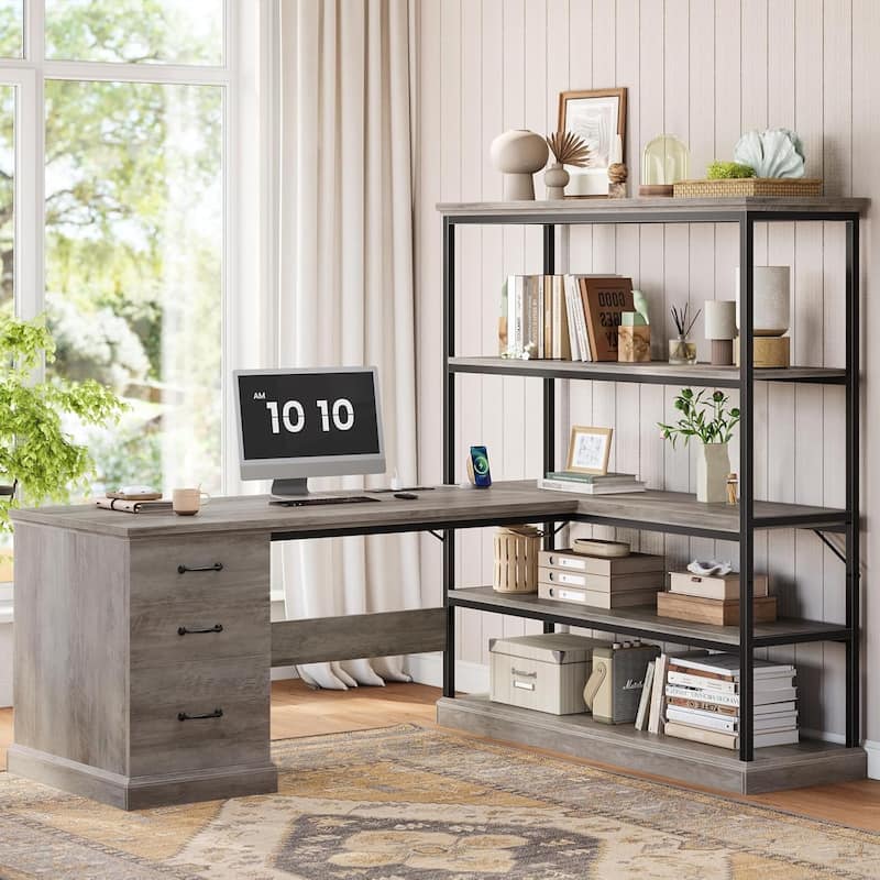 L Shaped Desk Drawers Storage Shelves Executive Home Office Desk - Grey - 65"