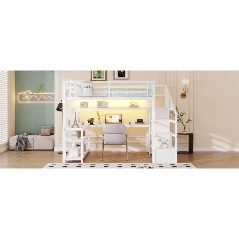 Roomfitters Full Metal Loft Bed, L-Shaped Desk and LED Staircase Wardrobe with Charging Station for Girls Bedroom