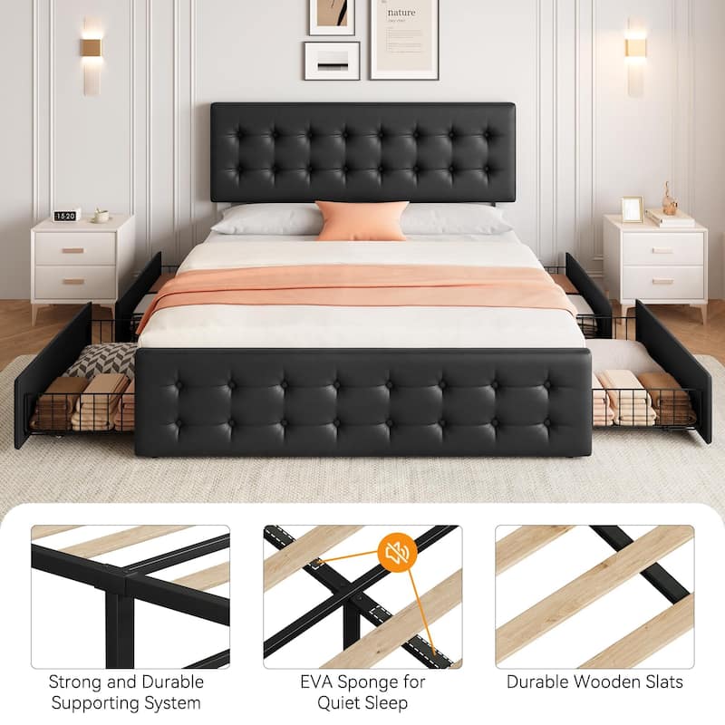 Bed Frame with 4 Storage Drawers and Headboard
