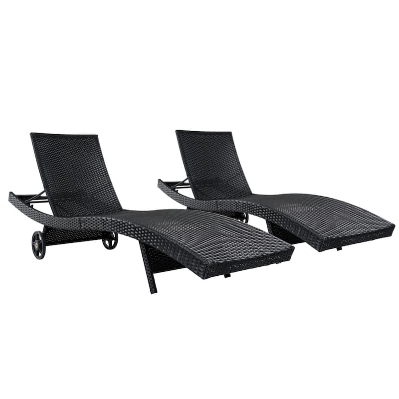 80"Patio Chaise Lounge Chairs Set of 2, Rattan Reclining Chair w/Rolling Wheels & Pull-out Side Table, Adjustable Backrest
