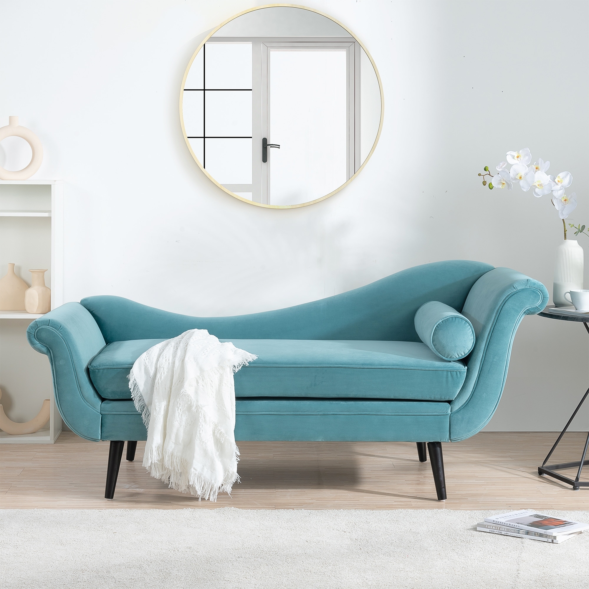 Living Room Chaise Lounge Loveseat Sofa Sled Curled Edge Sleeper Loveseat Couch Ship type Recliner Bed with Tapered Legs Green