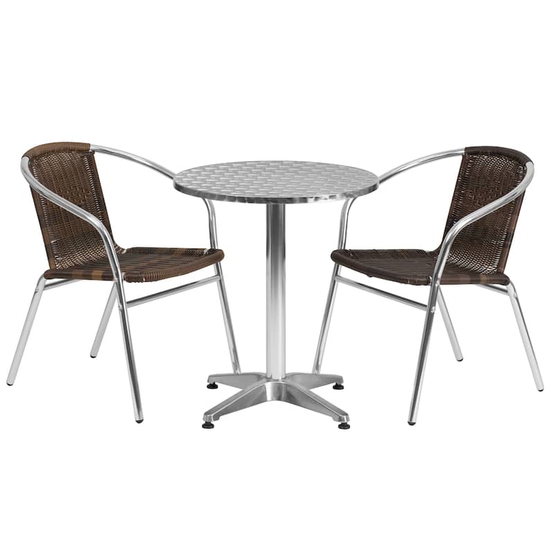 23.5'' Round Aluminum Indoor-Outdoor Table Set with 2 Rattan Chairs - 23.5"W x 23.5"D x 27.5"H - 23.5"W x 23.5"D x 27.5"H
