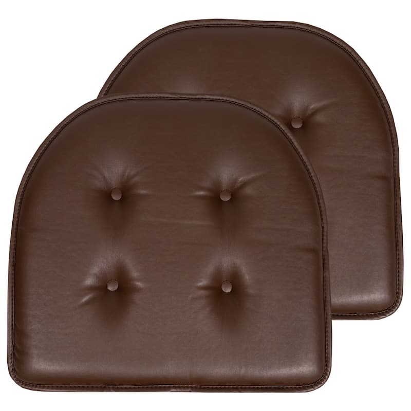 Sweet Home Collection U-Shape Faux Leather Non Slip Memory Foam Chair Cushions 17" x 16" - Set of 2 - Brown