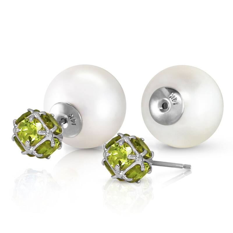 14K Solid Gold Tribal Double Shell Pearls And Peridots Stud Earrings
