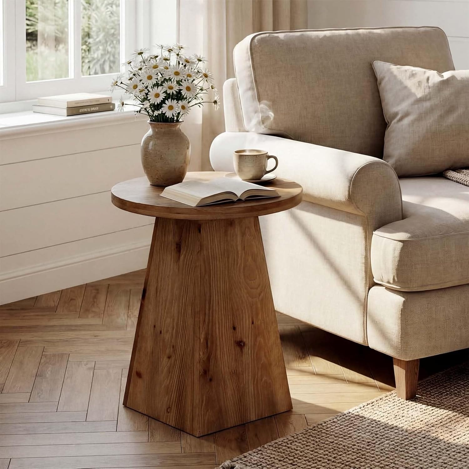 19undefined Round Solid Wood End Table, Side Table with Trapezoid