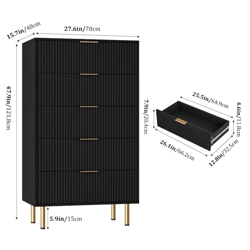 5 Drawer Fluted Dresser for Bedroom, Modern Wooden Storage Chest with Gold Handles