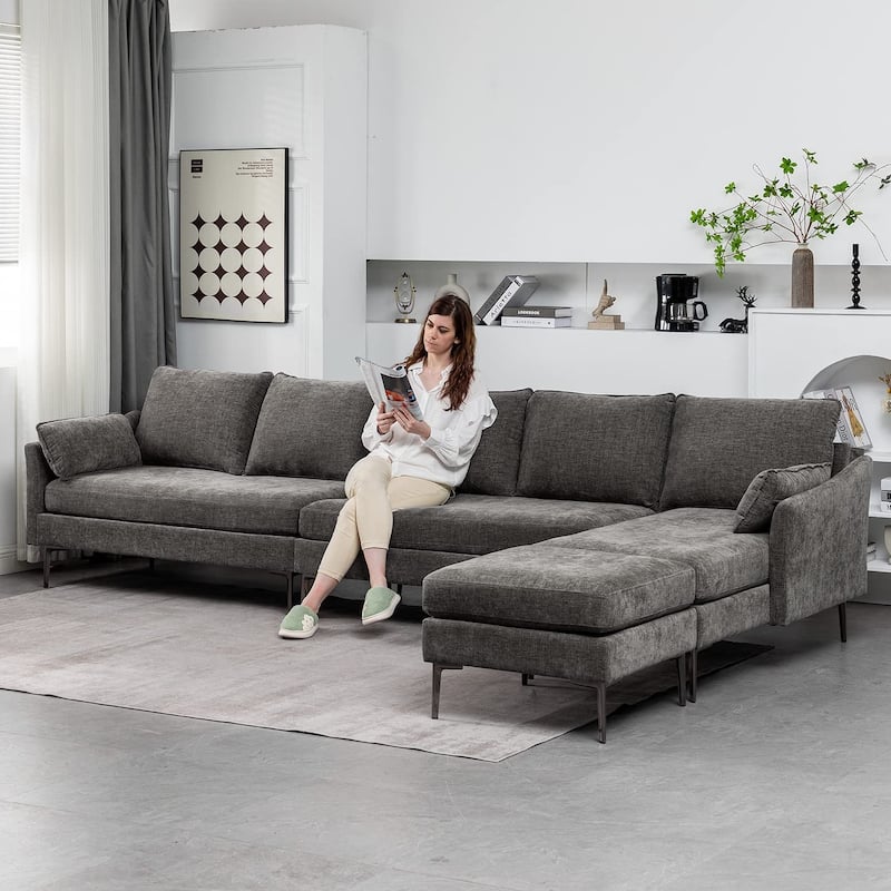 EROMMY U Shaped 6-seat Sectional Sofa Couch, Reversible Sleeper in Modern Chenille Design, with Chaise Lounge and Ottoman
