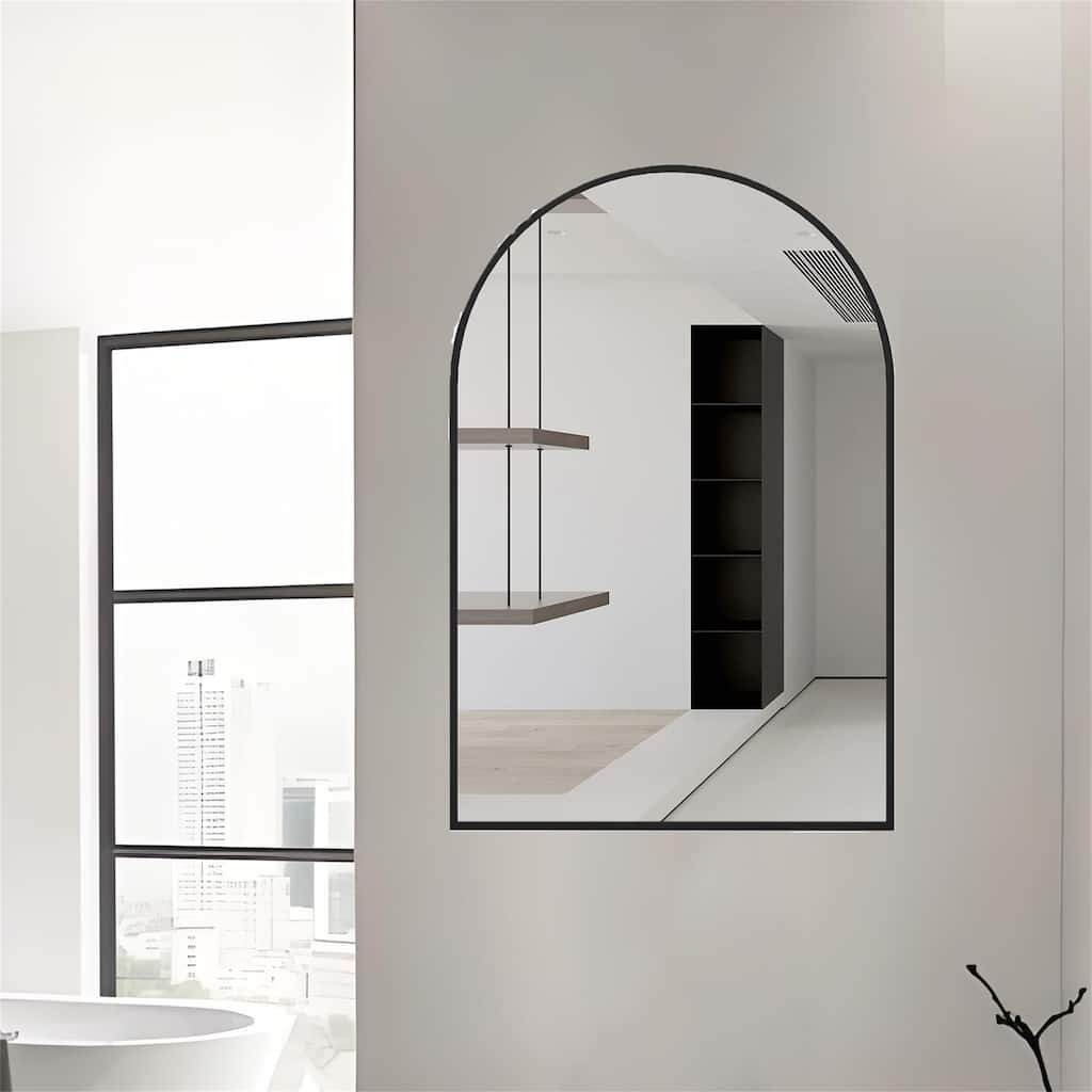 24"x32" Metal Framed Arched Mirror with Shatterproof Film and Hooks