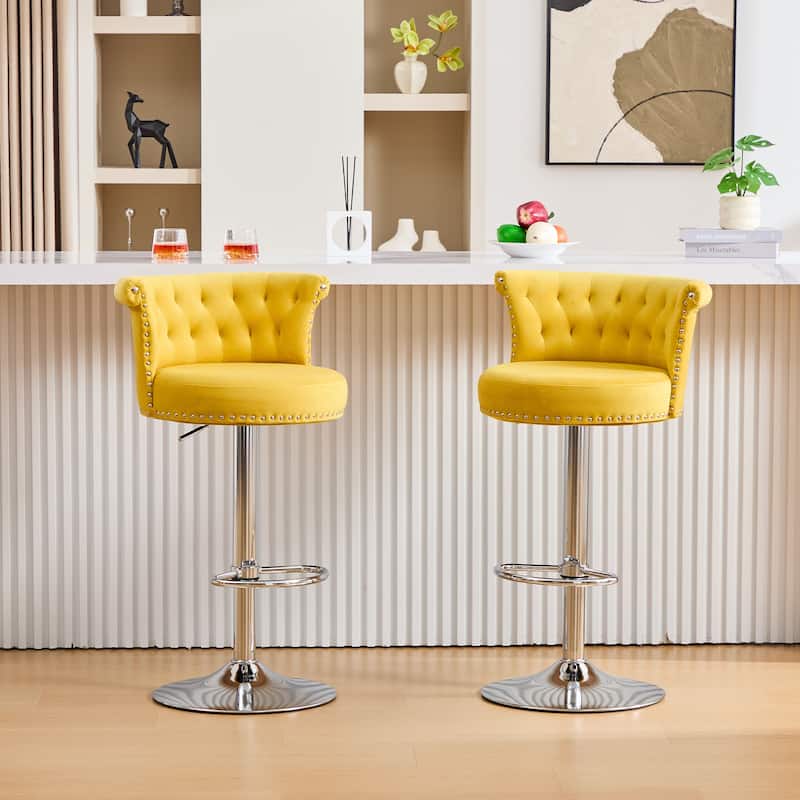 Adjustable Swivel Bar Stools with Silver Plated Metal Leg - Yellow