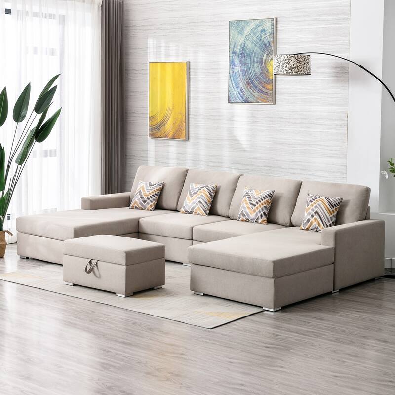 Linen Fabric 5 Piece Double Chaise Sectional Sofa with Interchangeable Legs and Storage Ottoman