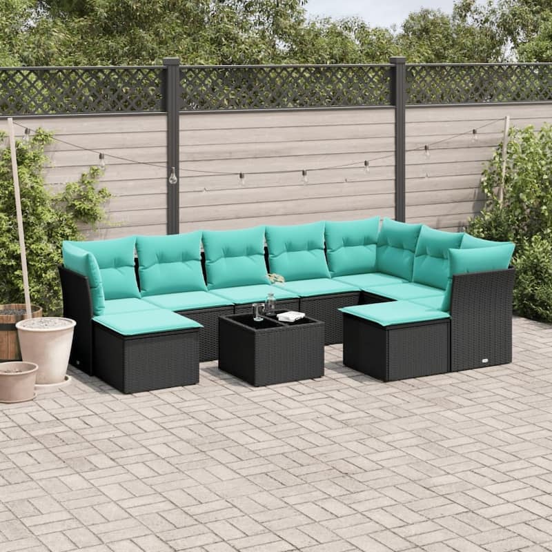 vidaXL 9 Piece Patio Sofa Set with Cushions Black Poly Rattan - 24.4x27.2x24.4-With table