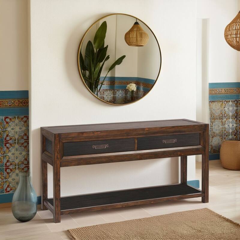 Bridgevine Home Branson 2-drawer Sofa Table, No Assembly Required, Two-Tone Finish - Rustic Buckeye with Black - Wood