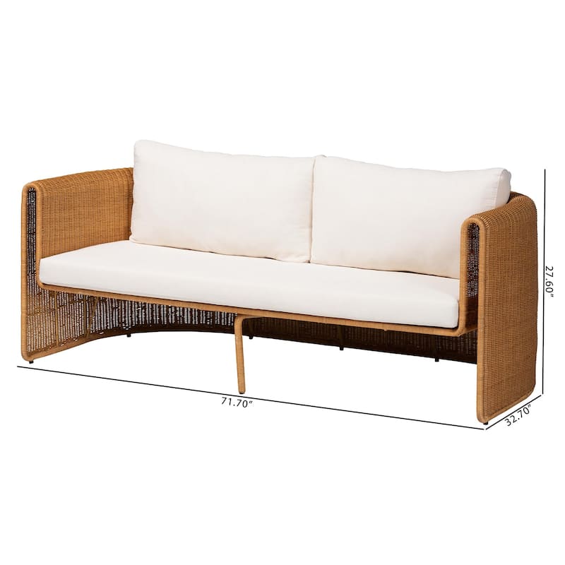 Carina Natural Rattan Sofa with Cushion - Handwoven 3-Seater Couch with U-Shaped Sculptural Frame and Deep Seating