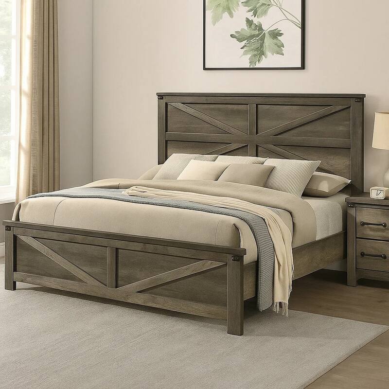 Bry King Size Bed w Chevron Panel Headboard, Rustic Gray Wood Frame