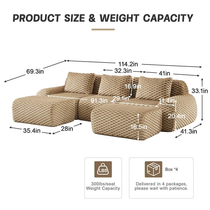 114" Flannelette Modern U-Shaped Modular Boneless Sectional Sofa with Ottoman