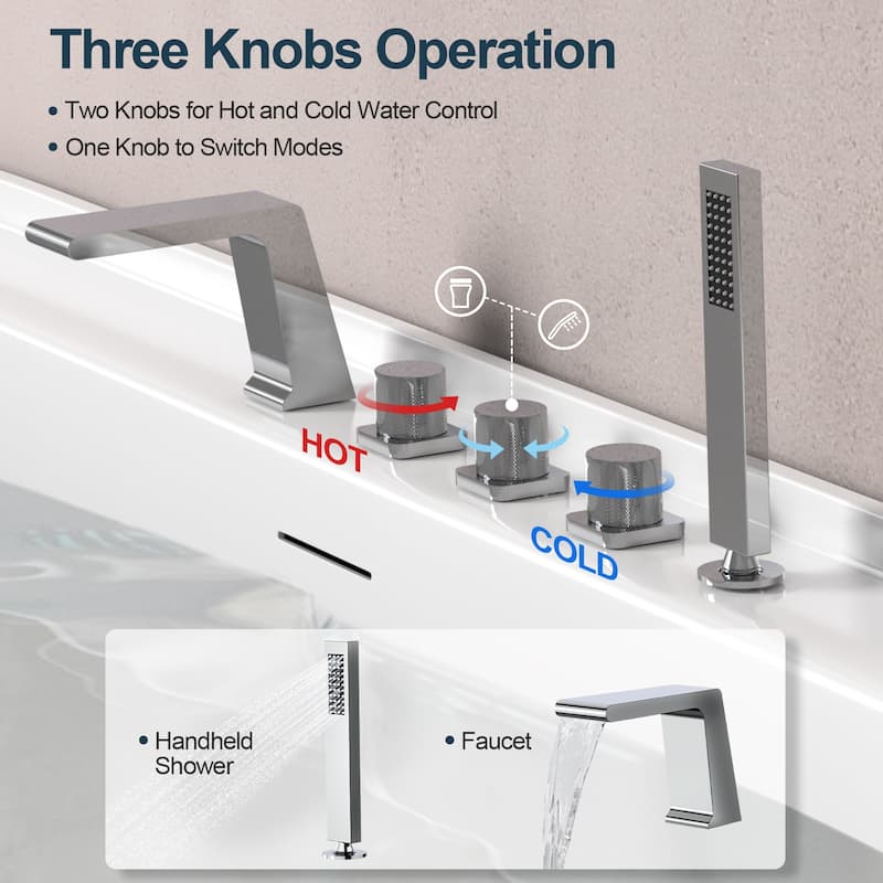 GRANDJOY Deck Mount Bathtub Spout and Handheld Shower Head Combo 5 Hole Design High Pressure