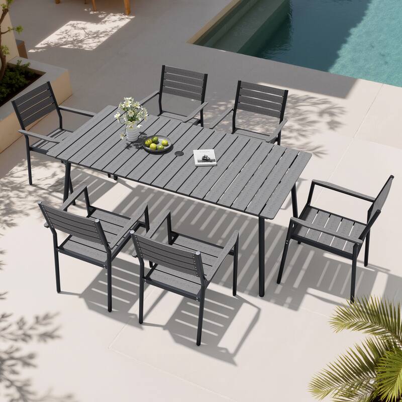 7-Piece Outdoor Patio Dining Set Wood-Like Table Top Alumium Umbrella Hole Table with Stackable Armrest Chairs - Grey