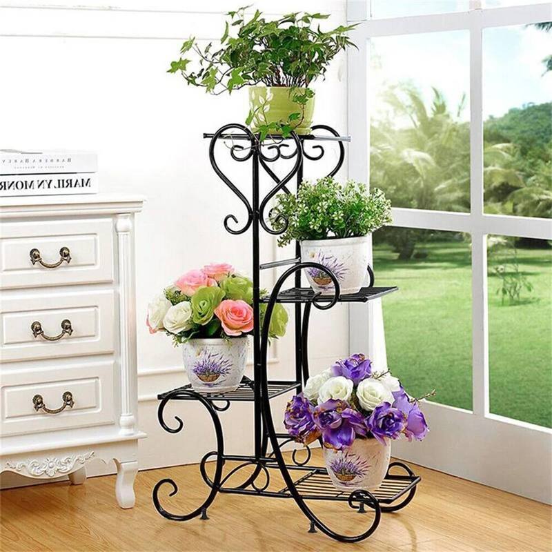Black Metal 4-Tier Plant Stand Rectangle Shelf Pedestal Indoor Outdoor Durable - 19.6” L x 9.8” W x 34.2” H