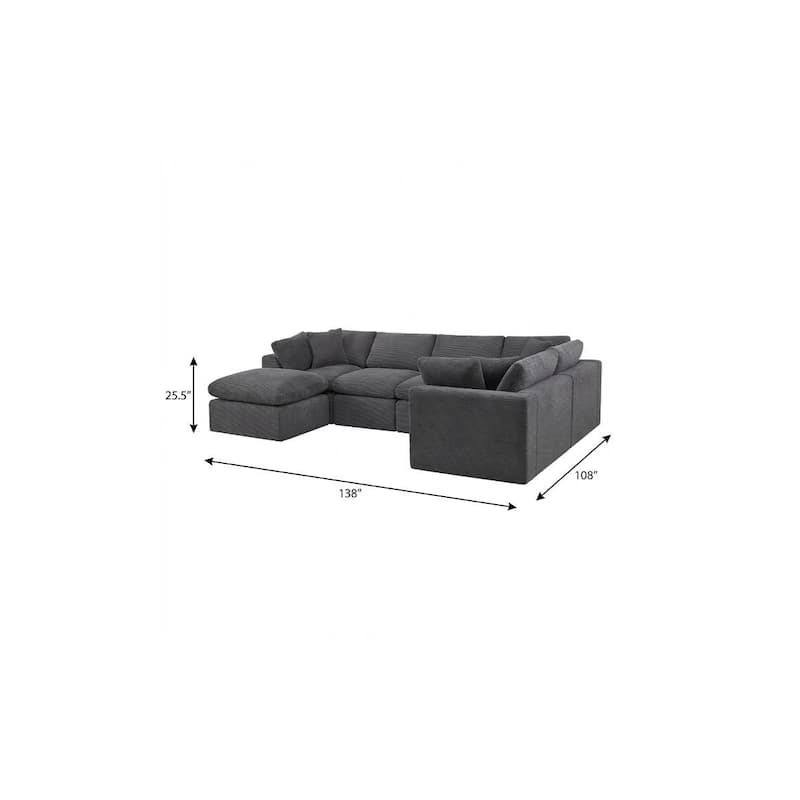 HomeRoots 138" Dark Gray Corduroy Modular Sofa With Ottoman And Toss Pillows