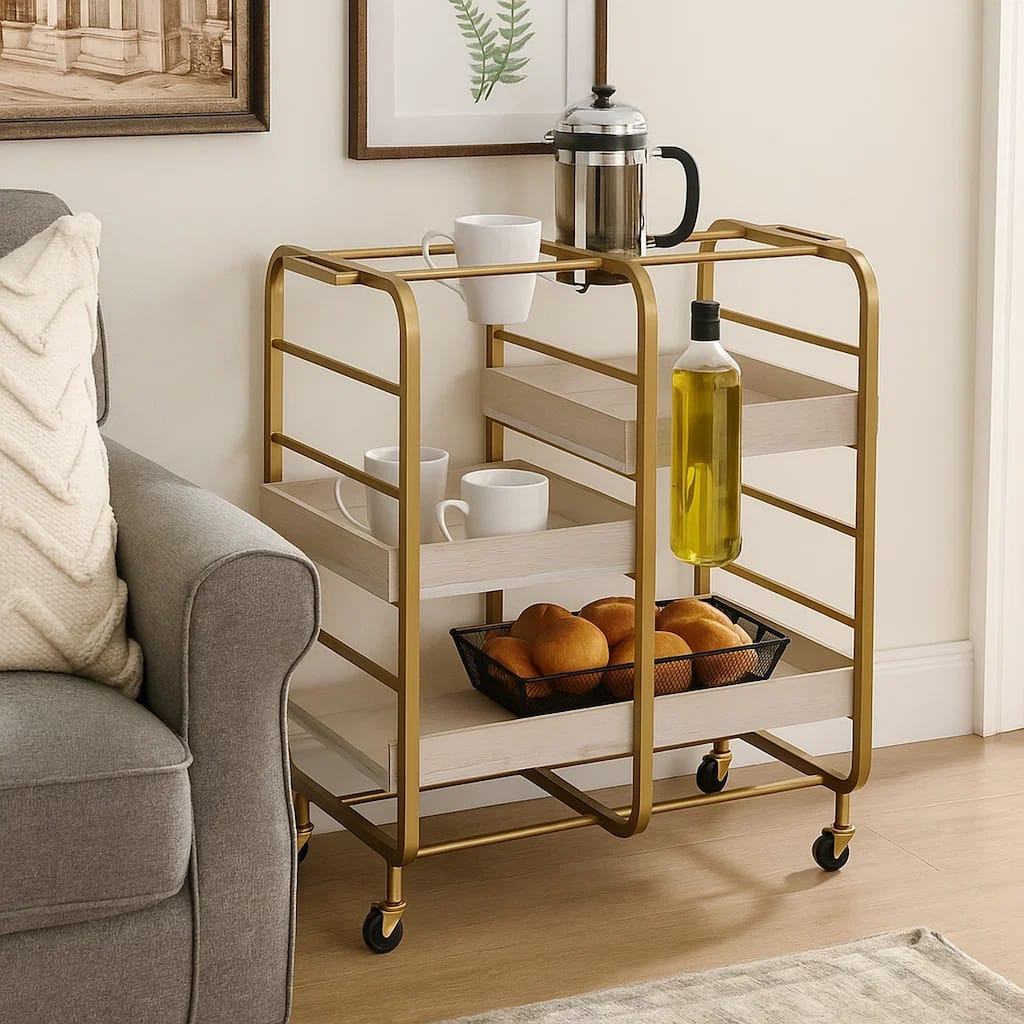 Metal Frame Serving Cart with Adjustable Compartments,Gold and Washed White