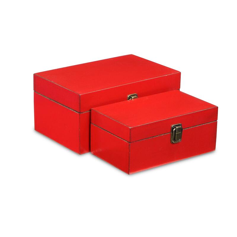 Set of 2 Red Rectangular Wooden Treasure Decorative Boxes 10.25"