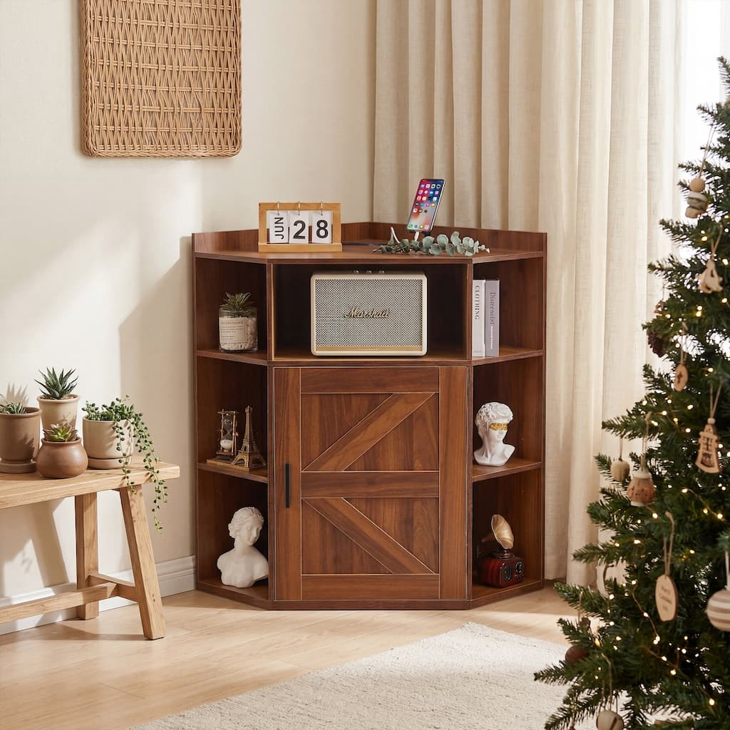 Javlergo Corner Storage Cabinet with Charging Station Space-Saving Triangular Corner Bookcase for Living Room Office Bedroom