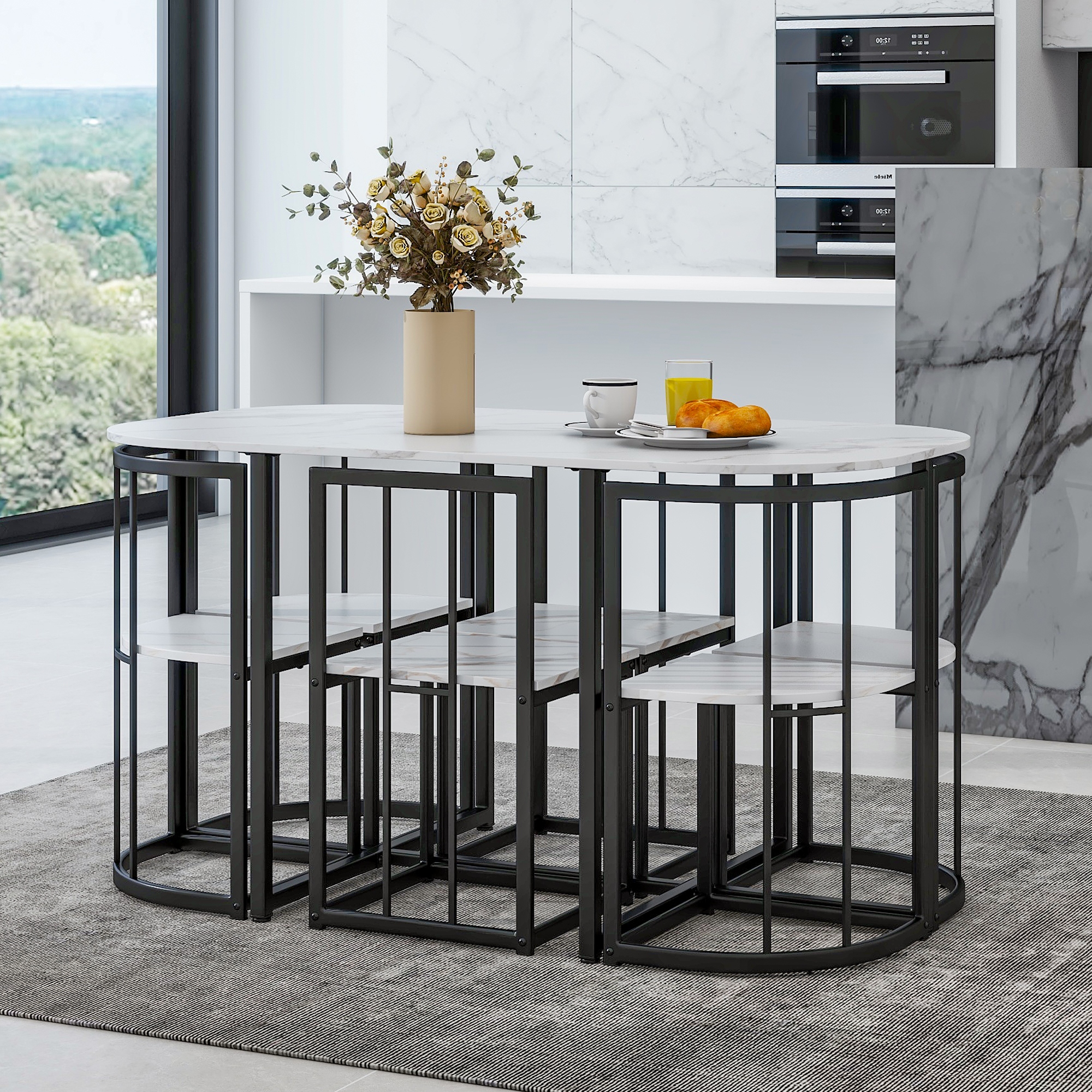 Modern 7 Piece Dining Table Set with Faux Marble Compact 55Inch Kitchen Table Set for 6 White Black