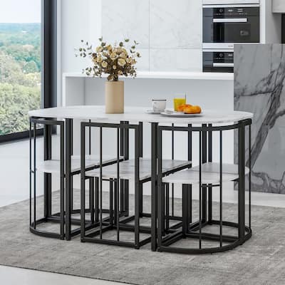 7-Piece Faux Marble Dining Table Set with 6 Triangular Chair Design