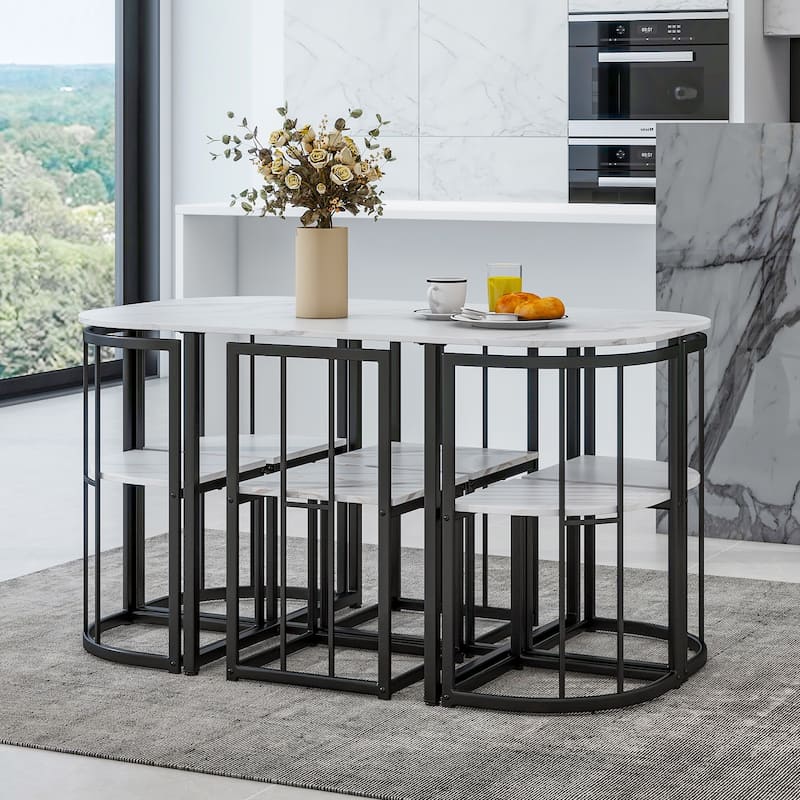 Modern 7-Piece Dining Table Set with Faux Marble Compact, 55 Inch Kitchen Table Set for 6
