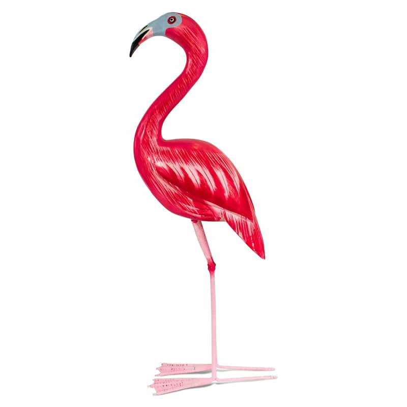 Wood Flamingo Figurine Hand Carved Tropical Bird Sculpture, Coastal Summer Decor