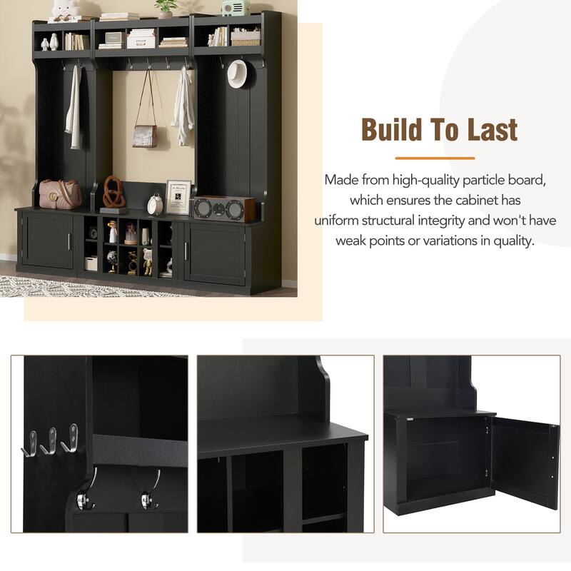 Roomfitters Wide Hall Tree with Storage Bench, 4-in-1 Entryway Organizer with Coat Rack, Shoe Cubbies and Shelves for Hallway