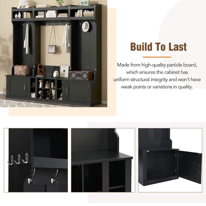 Wide Design Hall Tree with Storage and Bench, 4-IN-1 Multi-functional Entryway Bench with Coat Rack and Shoe Cubbies