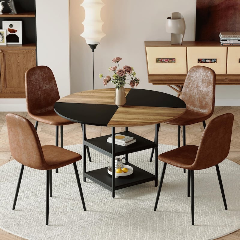 5-Piece Round Dining Table with Double Layer Storage, Wood and Black Fan Panels, Ergonomic Fabric Chairs, Anti-Slip Feet