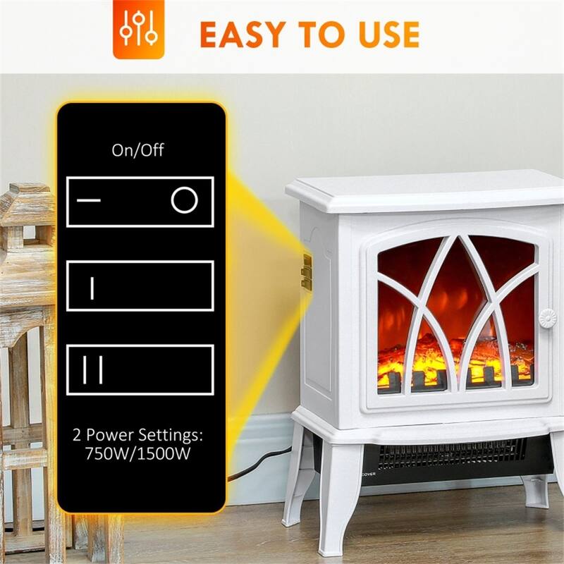 White Electric Fireplace Stove with Tempered Glass and 2 Heat Settings 323 Sq. Ft. Coverage - 14.25" W x 9.5" D x 18" H