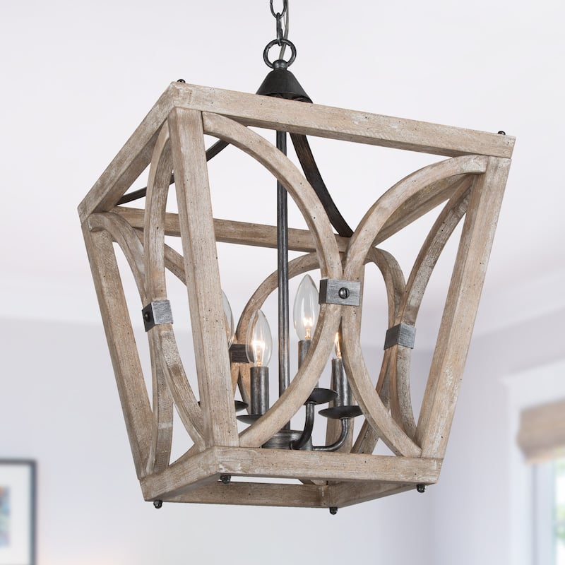 Kiria Wooden Farmhouse Chandelier Candle 4-light Hanging Ceiling Lantern Foyer Pendant Lighting - L 15.5" x W 15.5 "x H 21.5"